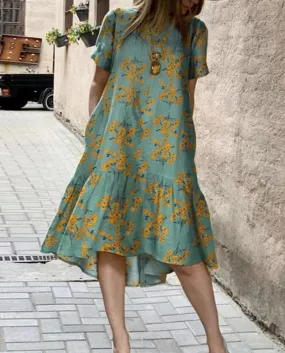2022 Women's Summer Loose Short Sleeve Maxi Ruffle Dress O-Neck