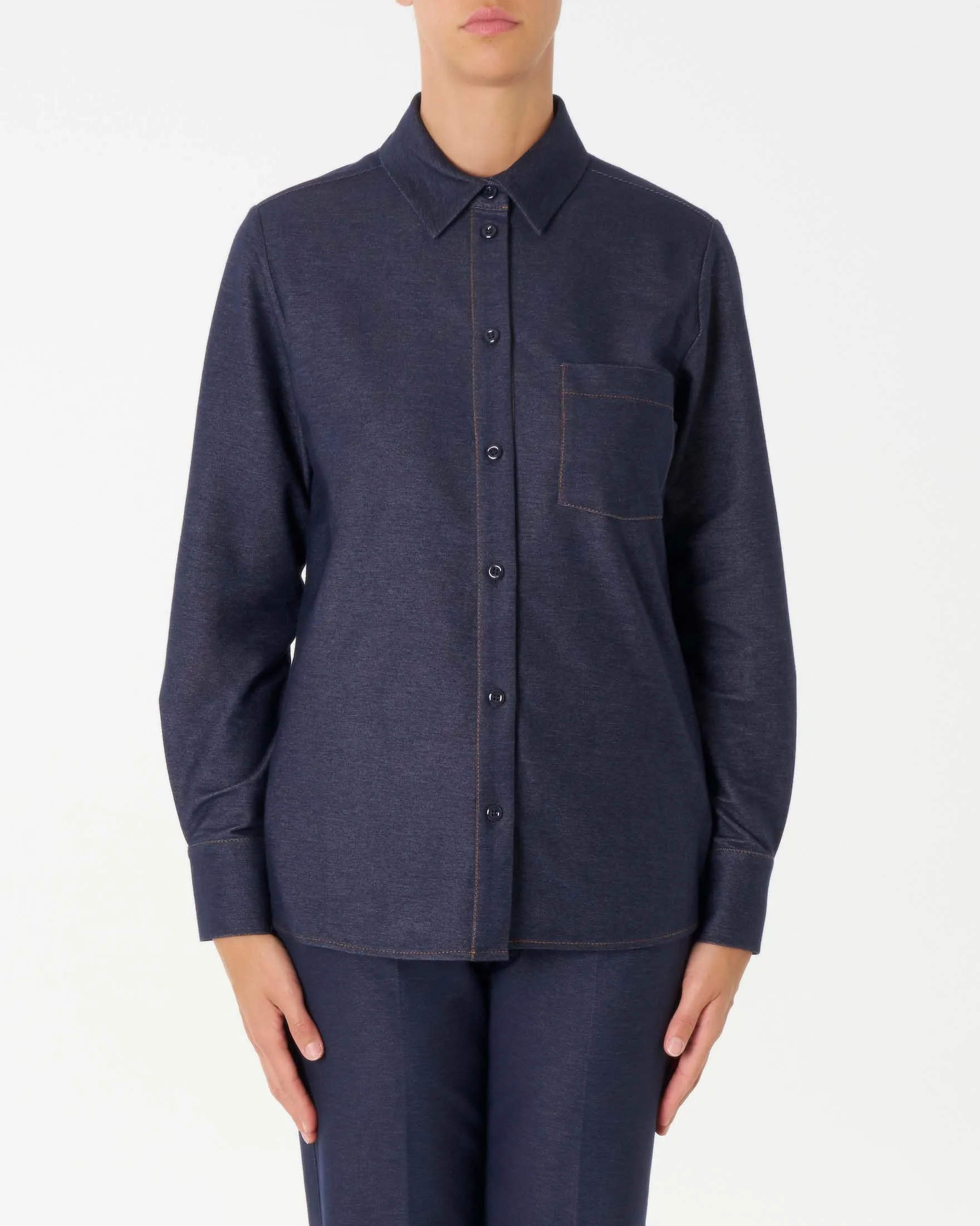 Blue Cotton Mixed Denim Effect Jersey Shirt