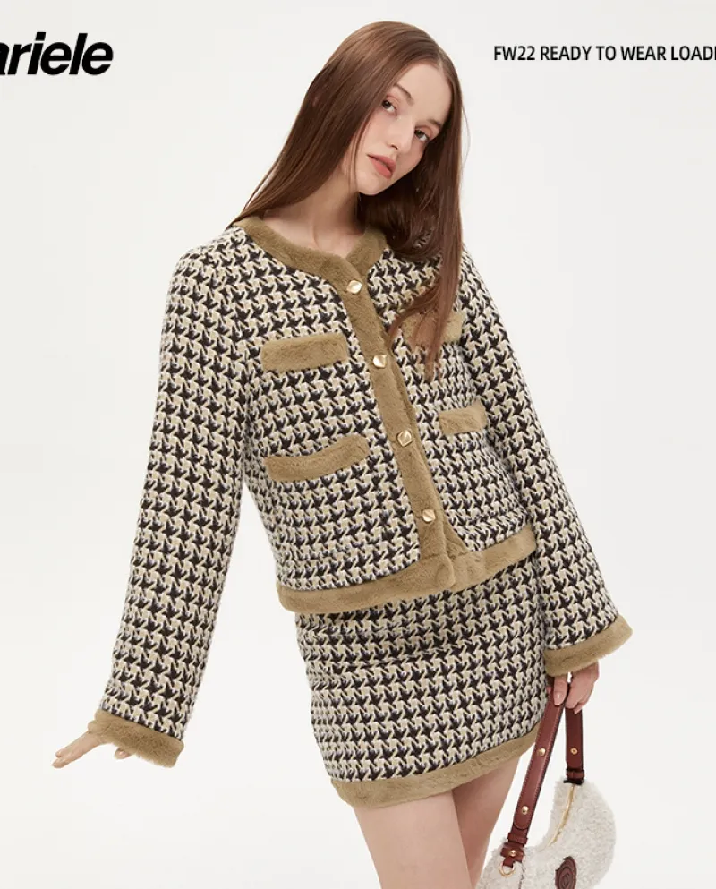 Heyhenry Retro Houndstooth Suit Thickened Jacket With Hip Skirt