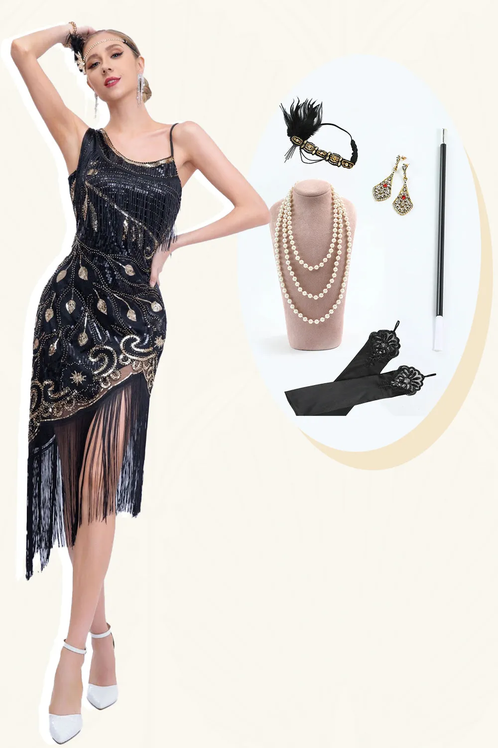 Sparkly Black Asymmetrical Sequined Fringed 1920s Dress with Accessories Set